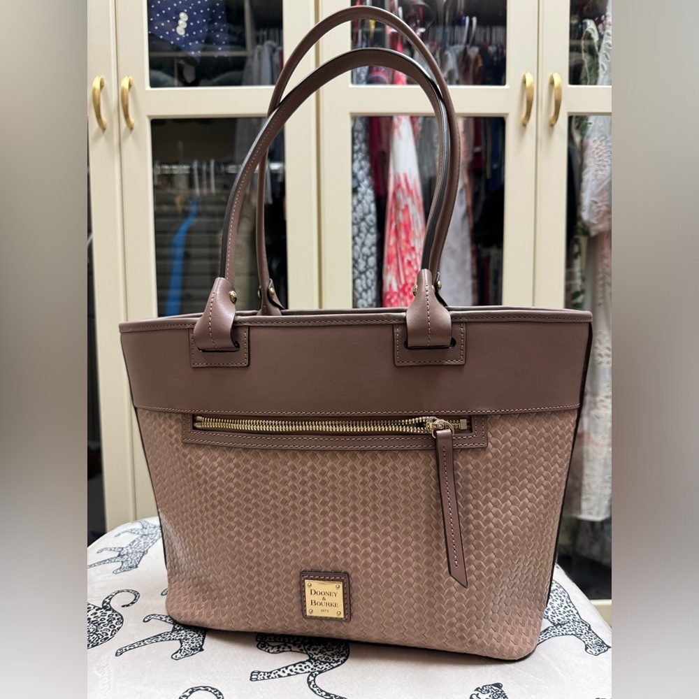 Dooney and Bourke camden woven leather large tote taupe